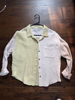 By Together Two-Tone Pale Yellow and Off-White Casual Button-Down Shirt